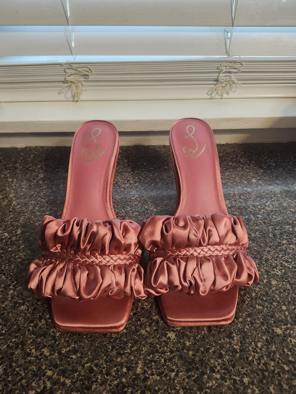 Sam Edelman  Pink Satin Ruffle Mule Heels